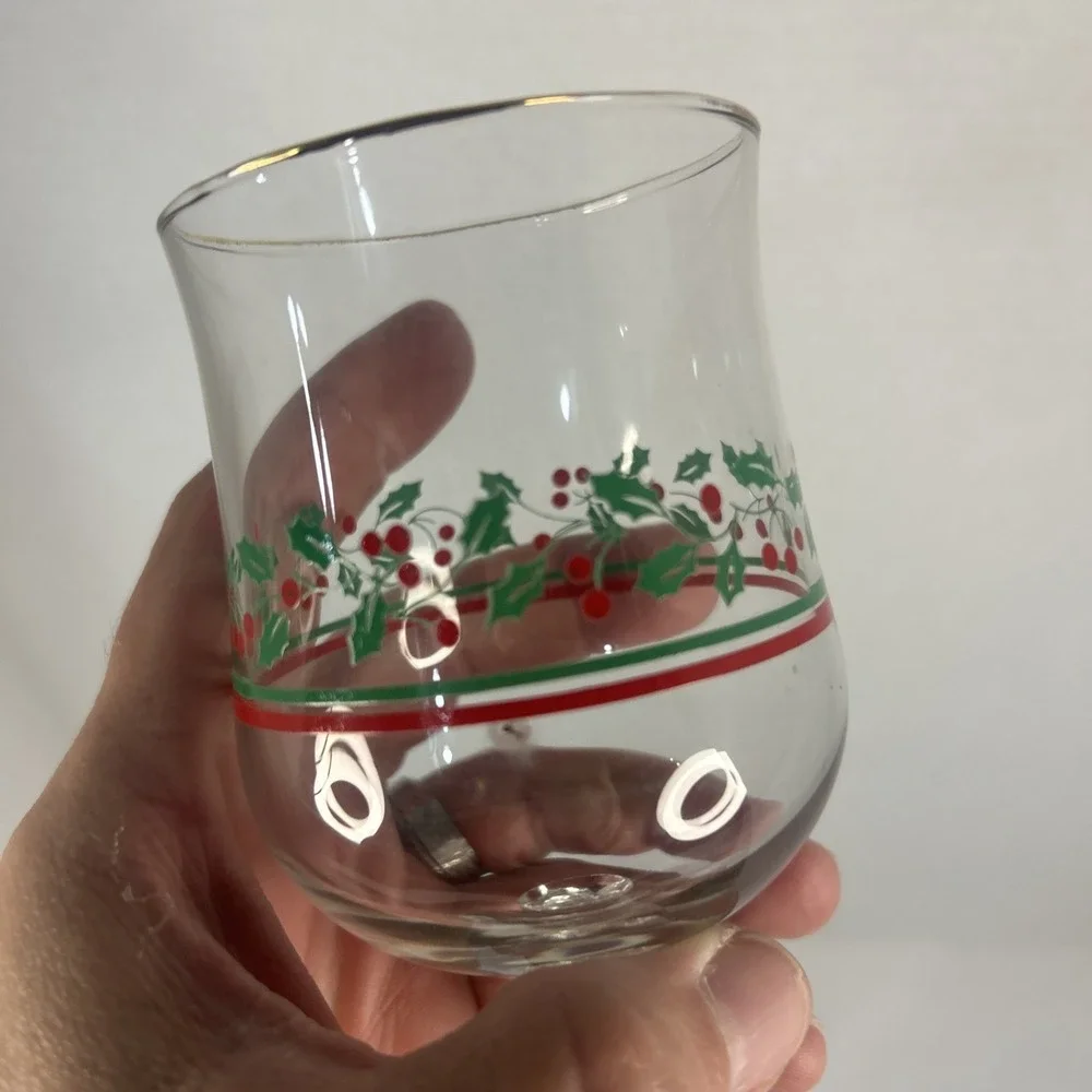 Libbey Arby's 1985 Holly & Berry Christmas Wine Glasses Gold Rim Read